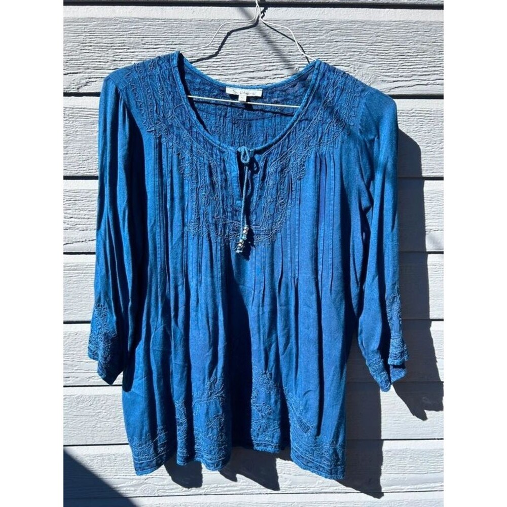 Solitaire Chambray Boho Cottagecore Floral Embroidered Tunic Blouse - XL